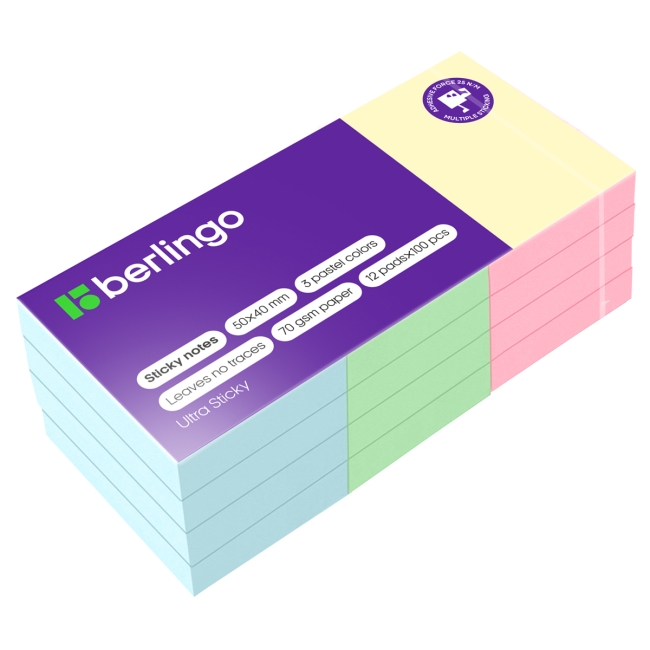 Самоклеящийся блок Berlingo "Ultra Sticky", 50*40мм, 12 блоков по 100л., 3 пастельных цвета