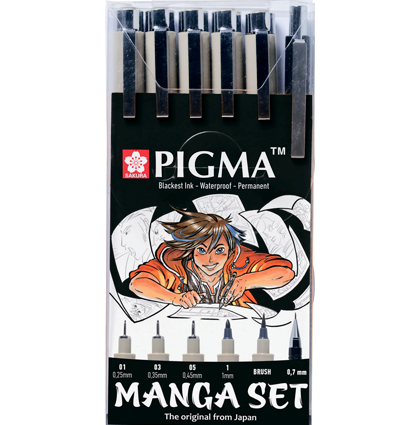 Набор черных капиллярных ручек Sakura Pigma Micron Manga разной толщины, брашпен и карандаш 6 штук купить в магазине ArtCraft.Space с доставкой по РФ и СНГ