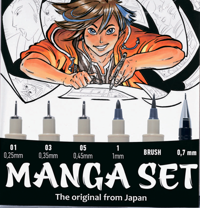 Набор черных капиллярных ручек Sakura Pigma Micron Manga разной толщины, брашпен и карандаш 6 штук купить в магазине ArtCraft.Space с доставкой по РФ и СНГ