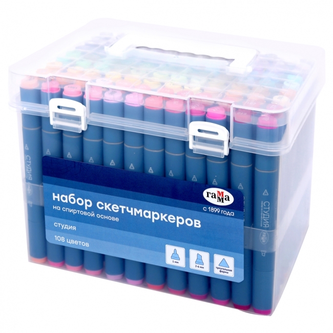 Набор двусторонних маркеров для скетчинга Гамма "Студия" 108цв., основные цвета, корпус трехгранный, пулевид./клиновид. наконечники, пласт.кейс