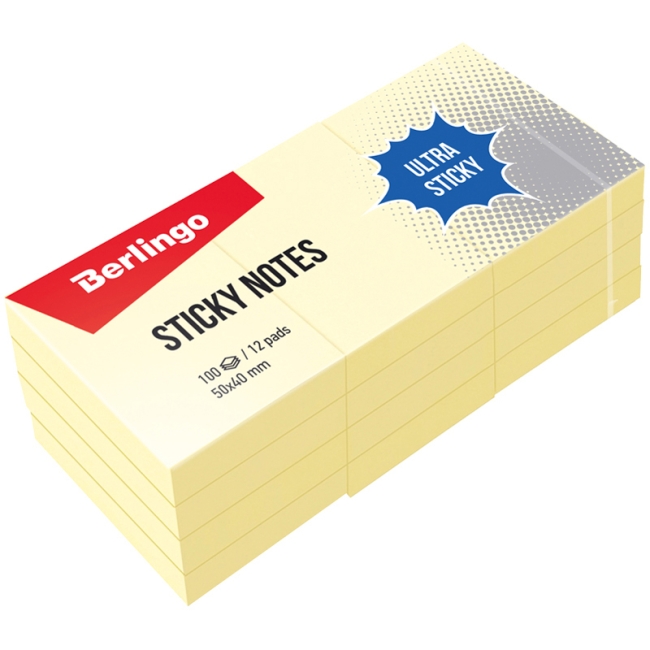 Самоклеящийся блок Berlingo "Ultra Sticky", 50*40мм, 12 блоков по 100л., пастель, желтый