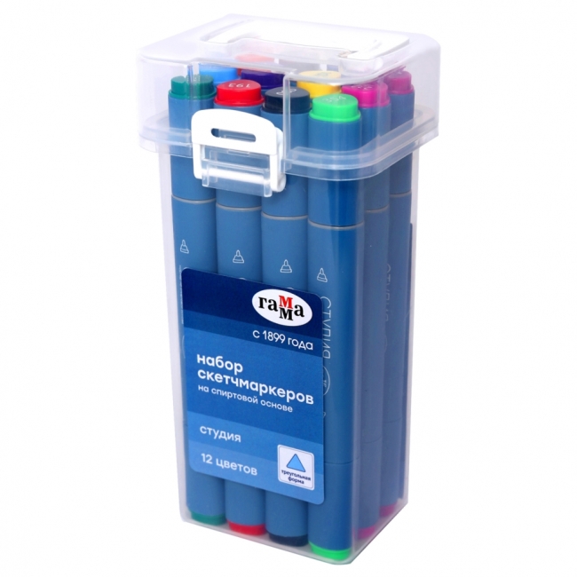 Набор двусторонних маркеров для скетчинга Гамма "Студия" 12цв., основные цвета, корпус трехгранный, пулевид./клиновид. наконечники, пласт.кейс