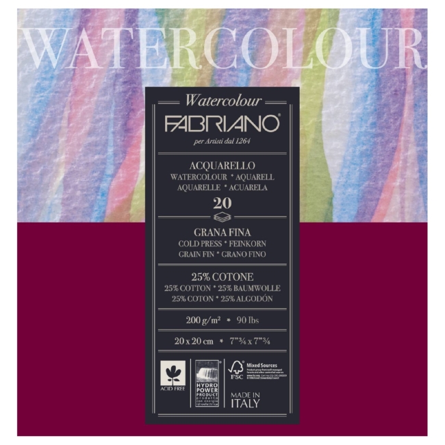Блок для акварели Watercolour Studio 200г/м.кв 20x20см Фин 20л склейка по 4 сторонам