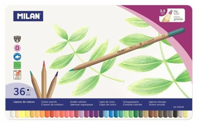 Набор цветных карандашей MILAN 36 цветов  деревянные грифель 3.5мм в металлической упаковке с европодвесом (ECO)