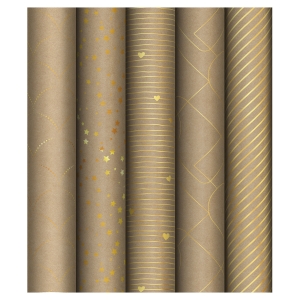 Упаковочная бумага крафт 70*100см, MESHU "Golden Pattern", 80г/м2, отд. фольгой, ассорти 5 дизайнов