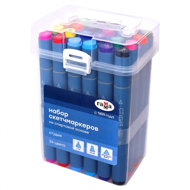 Набор двусторонних маркеров для скетчинга Гамма "Студия" 24цв., основные цвета, корпус трехгранный, пулевид./клиновид. наконечники, пласт.кейс