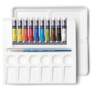 Акварель Winsor&Newton "Cotman", 10цв, 8мл, туба, кисть Cotman, палитра для смешивания красок, палитра с наклонными ячейками