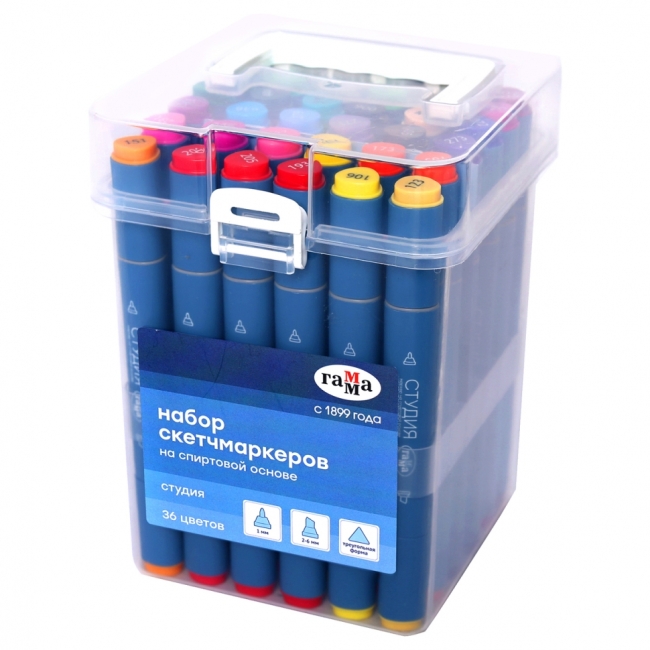 Набор двусторонних маркеров для скетчинга Гамма "Студия" 36цв., основные цвета, корпус трехгранный, пулевид./клиновид. наконечники, пласт.кейс