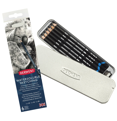 Набор чернографитных водорастворимых карандашей Derwent Sketching Watersoluble 6 штук с точилкой в пенале купить в фирменном художественном магазине ArtCraft.Space с доставкой по РФ и СНГ