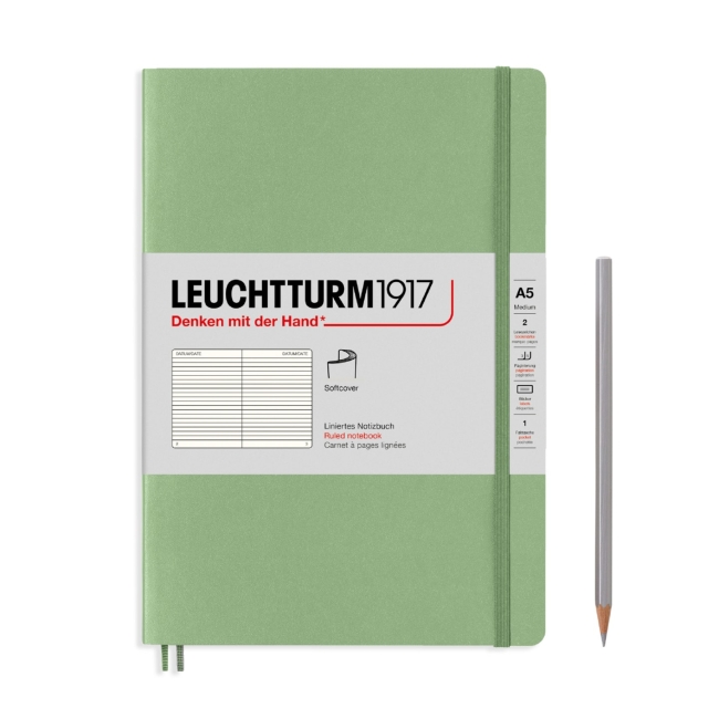 Блокнот Leuchtturm1917 Classic A5 (14.5x21см.) 80г/м2 - 123 стр. в линейку, мягкая обложка, цвет: Шалфей
