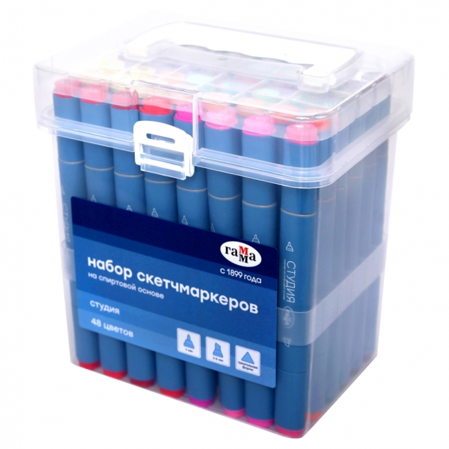 Набор двусторонних маркеров для скетчинга Гамма "Студия" 48цв., основные цвета, корпус трехгранный, пулевид./клиновид. наконечники, пласт.кейс Набор двусторонних маркеров для скетчинга Гамма "Студия" 48цв., основные цвета, корпус трехгранный, пулевид./клиновид. наконечники, пласт.кейс