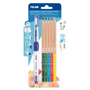 Набор акварельных карандашей MILAN 5 цветов + кисть с резервуаром  деревянные грифель 3.5мм  в блистере с европодвесом