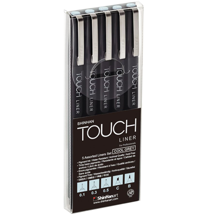 Набор серых линеров Touch Liner Cool Gray разной толщины + брашпен // 5 штук  купить в художественном магазине товаров для скетчинга ArtCraft.Space с доставкой по РФ и СНГ