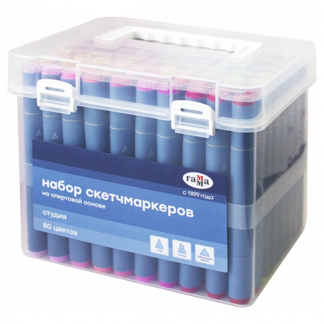Набор двусторонних маркеров для скетчинга Гамма "Студия" 80цв., основные цвета, корпус трехгранный, пулевид./клиновид. наконечники, пласт.кейс