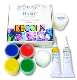 Набор по ткани Decola, краски акриловые 5*20мл, контуры в тубах 2*18мл, разбавитель