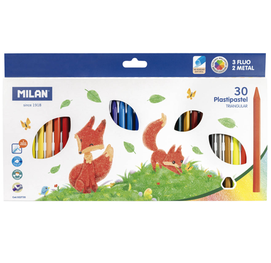 Набор пластиковых цветных карандашей MILAN Plastipastel  трехгранные 30 цветов в упаковке с европодвесом